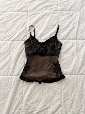 Vintage MNG Mesh Floral Embroidered Beaded Rosette Camisole